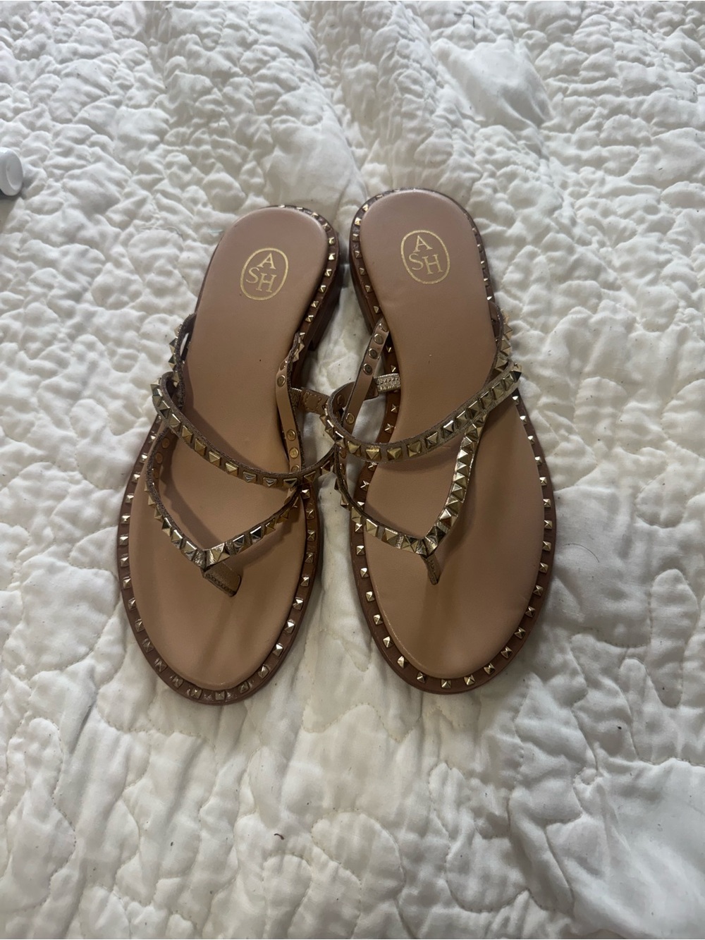 ASH Tan Leather Studded Toe-Post Sandals